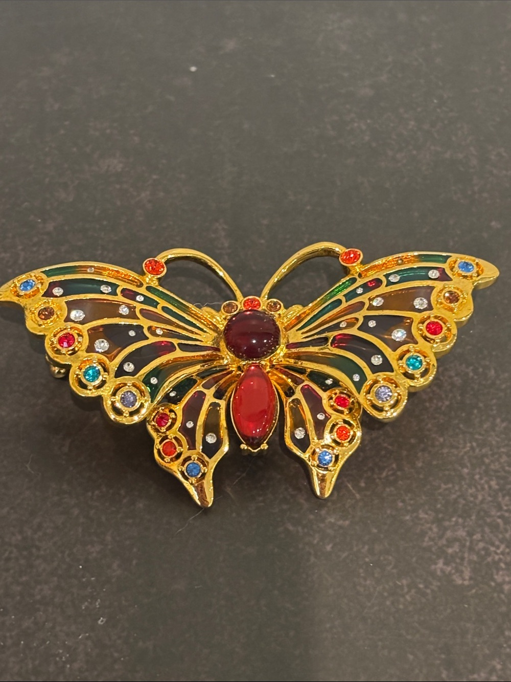 Vintage Joan Rivers Stained Glass Butterfly Brooch Plique-a-Jour Rhinestone Pin